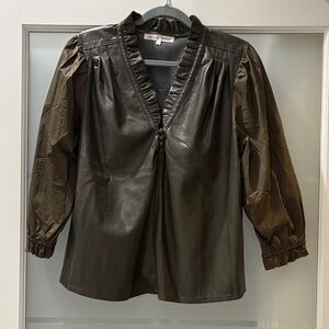 Olive Faux Leather Blouse with Puff Sleeves